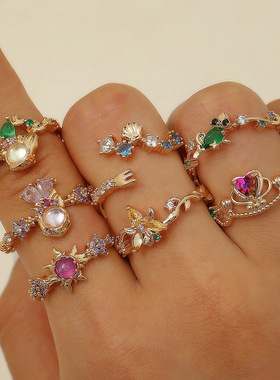 跨境轻奢ins彩色锆石花朵卡通开