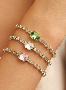 欧美ins简约绿色方形锆石手链时