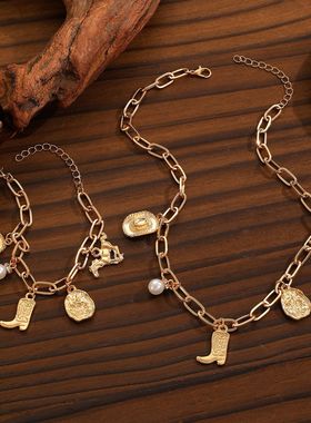 欧美跨境民族风牛仔帽靴子吊坠项