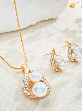 欧美热销镶珍珠水滴耳环项链两件