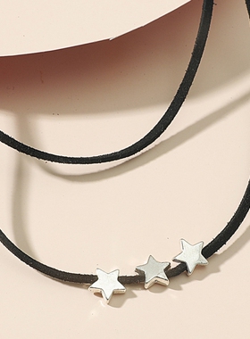 欧美简约黑色手工编织双层项链复