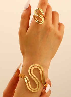 欧美跨境几何开口豹纹手镯戒指两