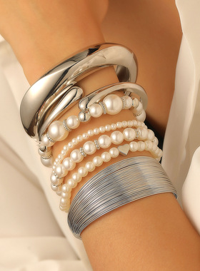 欧美跨境夸张珍珠叠戴手链手镯套