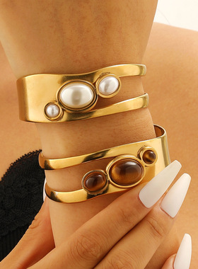 欧美跨境饰品不锈钢镂空椭圆珍珠