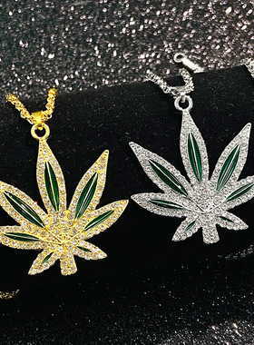 跨境新款镶钻枫叶项链冷淡风小众合金树叶吊坠锁骨链朋克嘻哈颈链