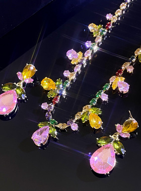 彩色锆石水滴树叶项链欧美重工高