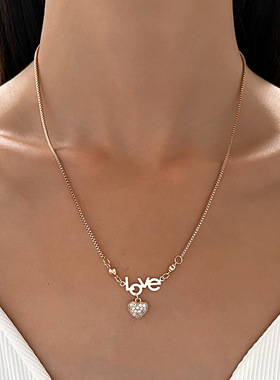 跨境欧美满钻爱心项链复古时尚气质蝴蝶流苏心形锁骨链网红毛衣链