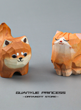小狗柴犬橘猫手工木雕饰品桌摆件可爱生日礼物小物品木头迷你动物