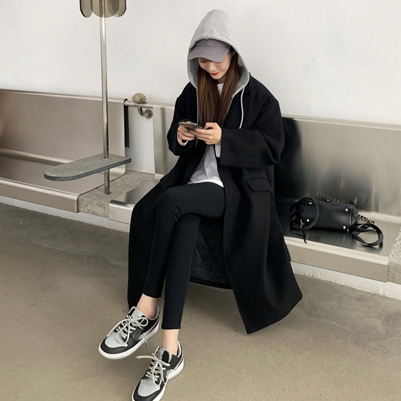连帽假两件黑色毛呢外套中长款2021 佩茄毛呢外套