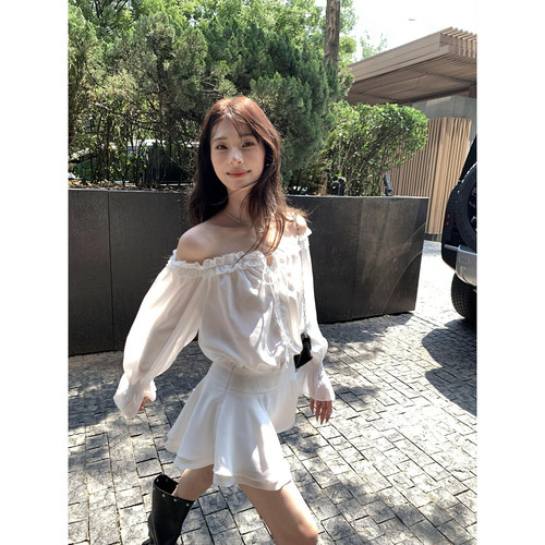 辰米范 美神降临 滤镜仙女短裙设计感一字肩连衣裙收腰茶歇小白裙 - 图1