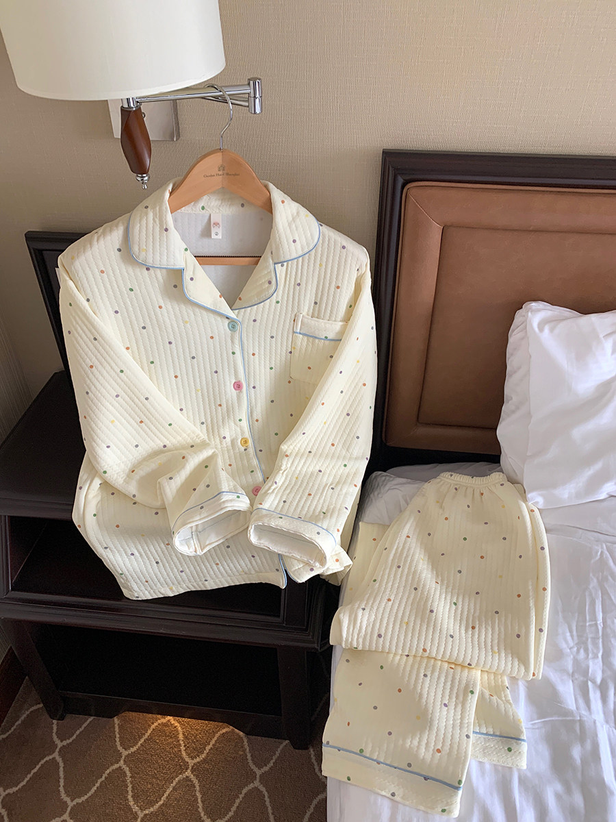馨帮帮Homedress 秋冬波点加厚夹棉睡衣套装女泡泡棉可外穿家居服,淘宝优惠券,粉丝福利购,淘宝优惠卷