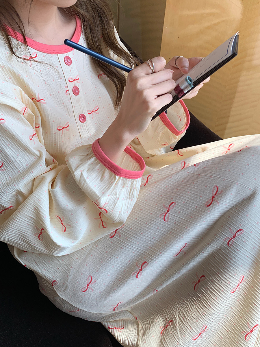 馨帮帮Homedress 甜美蝴蝶结长袖睡裙女春秋舒适休闲可外穿家居裙,淘宝优惠券,粉丝福利购,淘宝优惠卷