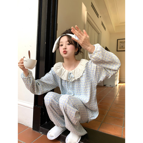 馨帮帮Homedress 甜美碎花格子睡衣女春秋款娃娃领外穿家居服套装 - 图0