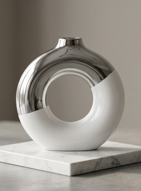 现代简约陶瓷花瓶银白圆环摆件