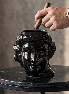 创意大卫头像黑陶瓷烟灰缸摆件
