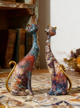 新中式复古印花猫咪摆件一对