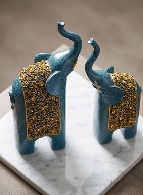 蓝色大象一对客厅书房装饰摆件