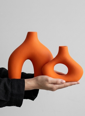 北欧橙色陶瓷花瓶客厅摆件