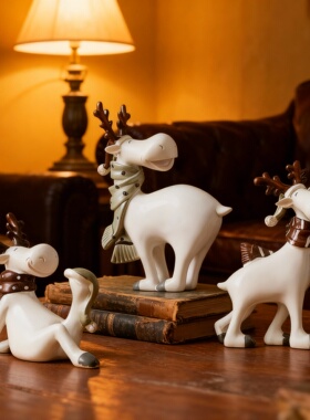 复古陶瓷驯鹿装饰摆件套装