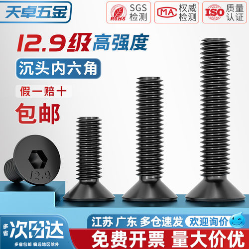 12.9级高强度沉头内六角螺丝钉 平头螺栓平杯螺杆M3M4M5M6M8M10mm - 图0