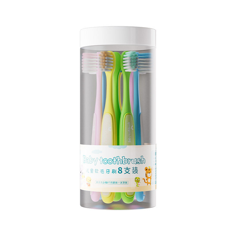 儿童软毛牙刷8支3-6岁-12岁学生宝宝换牙期适用卡通彩印赠送圆桶
