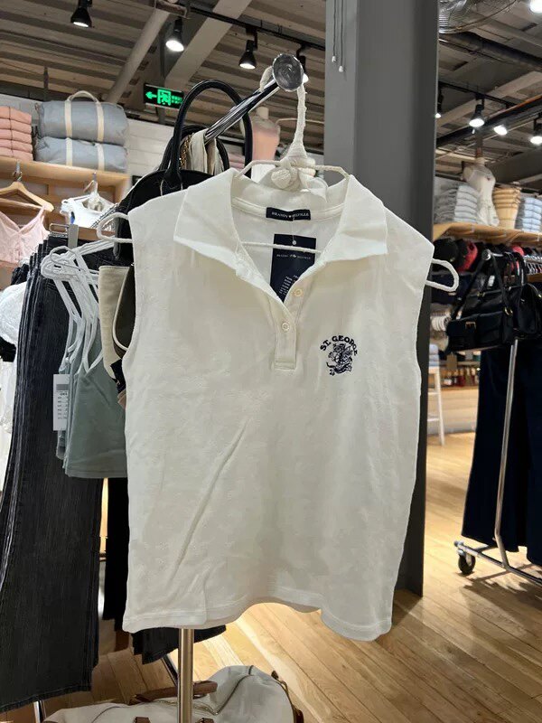 Brandy Girl美式复古ST.George龙图案刺绣无袖T恤bm背心polo领女