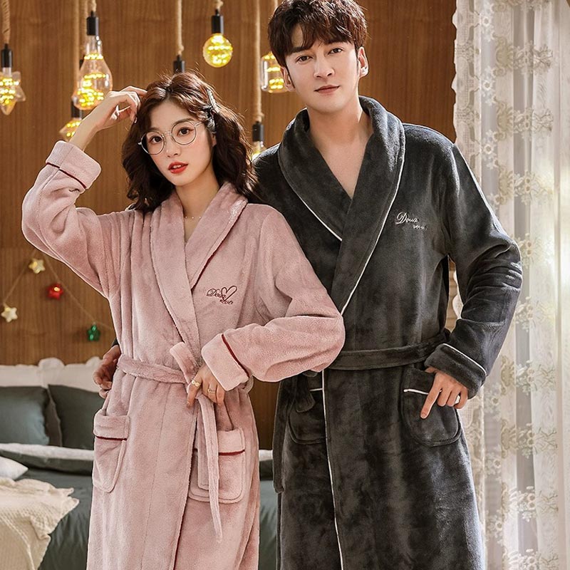 睡袍女秋冬新款加厚加绒珊瑚绒晨袍睡衣时尚浴袍男女情侣款家居服 - 图2