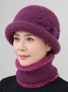中老年女秋冬保暖护耳毛线帽