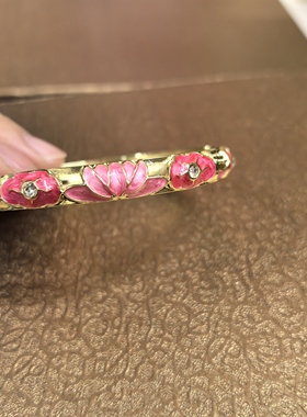 景泰蓝镶锆石国风莲花荷叶开口弹簧卡扣手镯闺蜜生日汉服手腕配饰