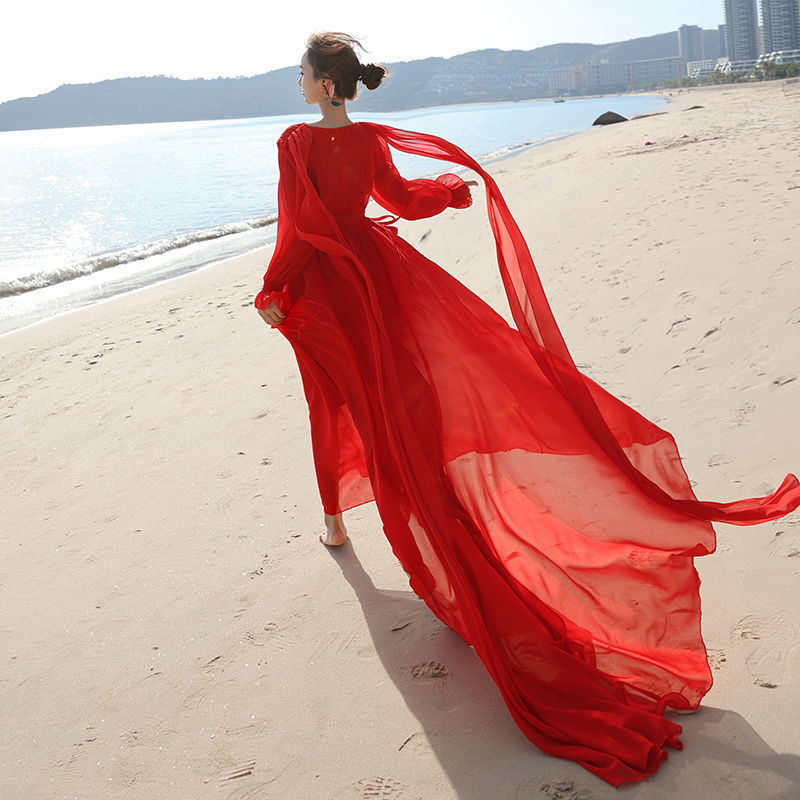 春夏雪纺沙漠旅游拍照红色长袖收腰连衣裙海边度假超仙拖尾长裙