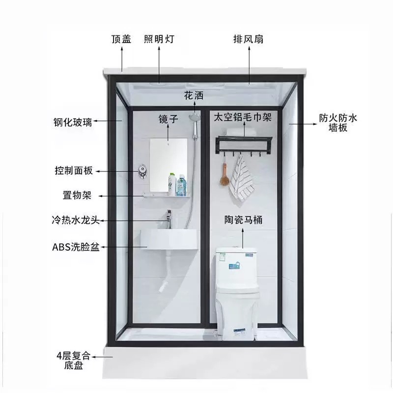 Rectangular movable glass door with integrated dry and wet separation