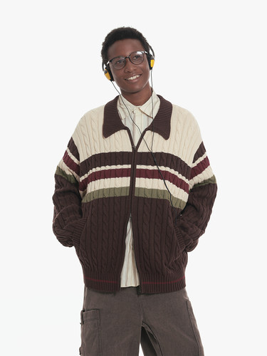 Unvesno (UN)麻花毛线条纹双头拉链开衫重磅保暖厚毛衣针织衫外套 - 图1