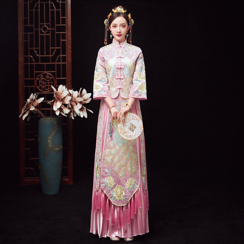 粉色秀禾服新娘2019新款夏季敬酒服 金奢帝国旗袍