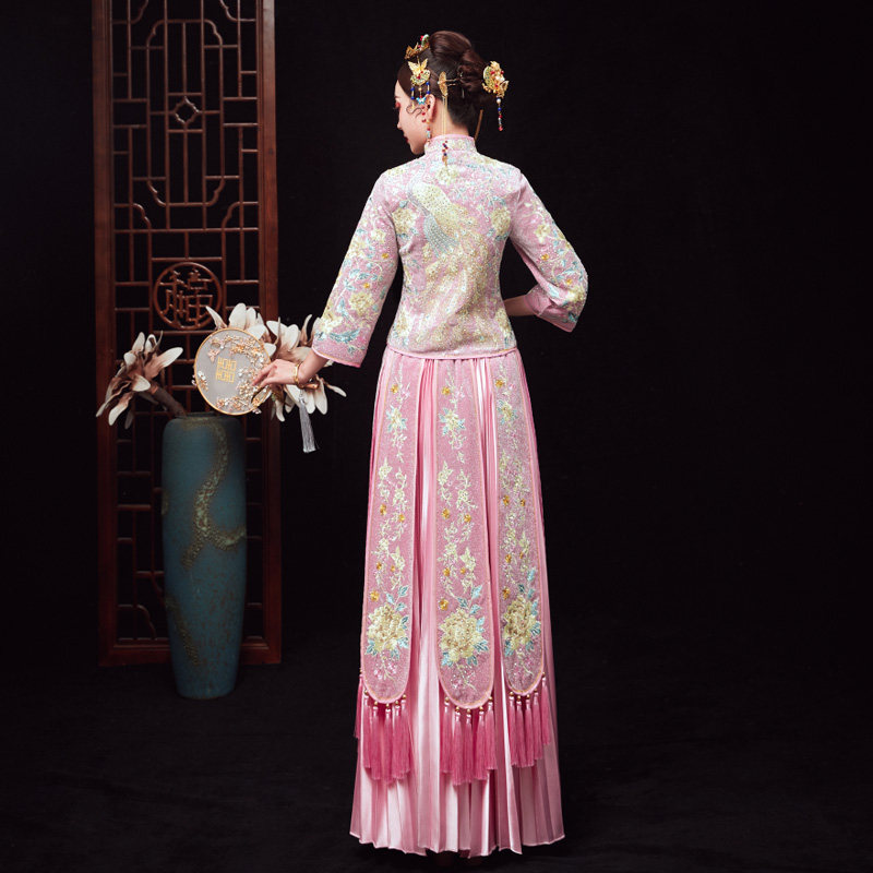 粉色秀禾服新娘2019新款夏季敬酒服 金奢帝国旗袍