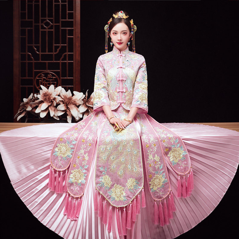 粉色秀禾服新娘2019新款夏季敬酒服 金奢帝国旗袍