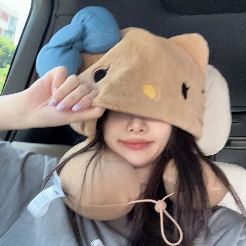 可爱KT猫u型枕连帽冬季旅行便携睡觉长途护颈椎脖子办公室带帽子 - 图0