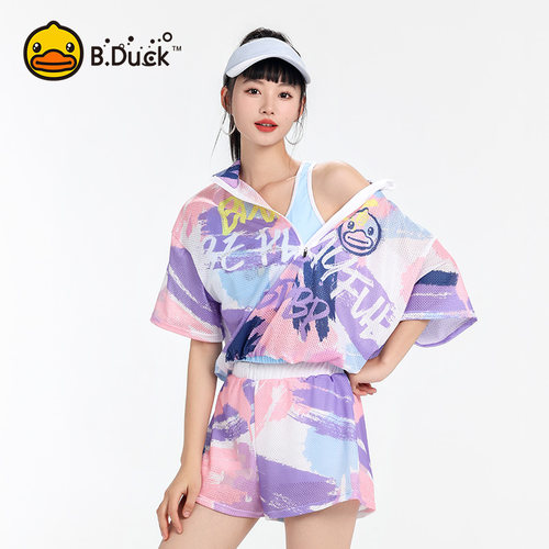 B.Duck分体泳衣女海边度假三件套微胖遮肚显瘦保守泡温泉游泳装 - 图0