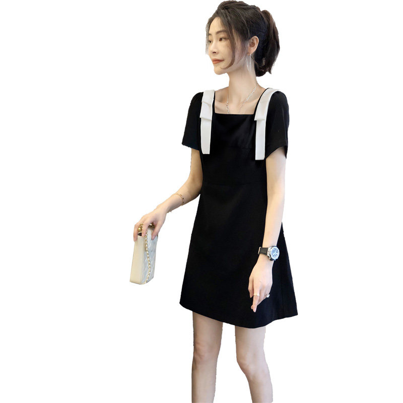 法式黑色方领连衣裙气质雪纺裙子 崇妍连衣裙