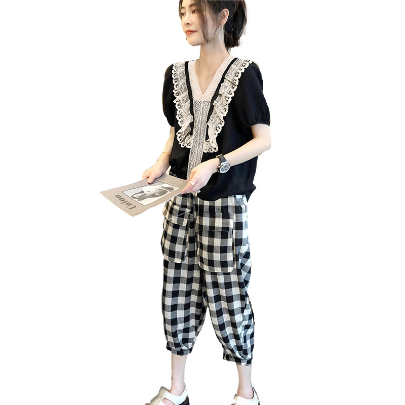 洋气v领蕾丝拼接小个子减龄夏衬衫 崇妍衬衫