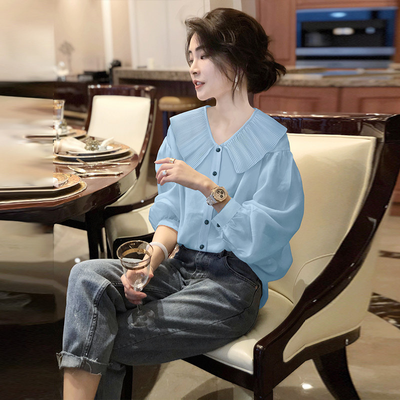 蓝色雪纺设计感小众减龄娃娃领衬衫 崇妍衬衫