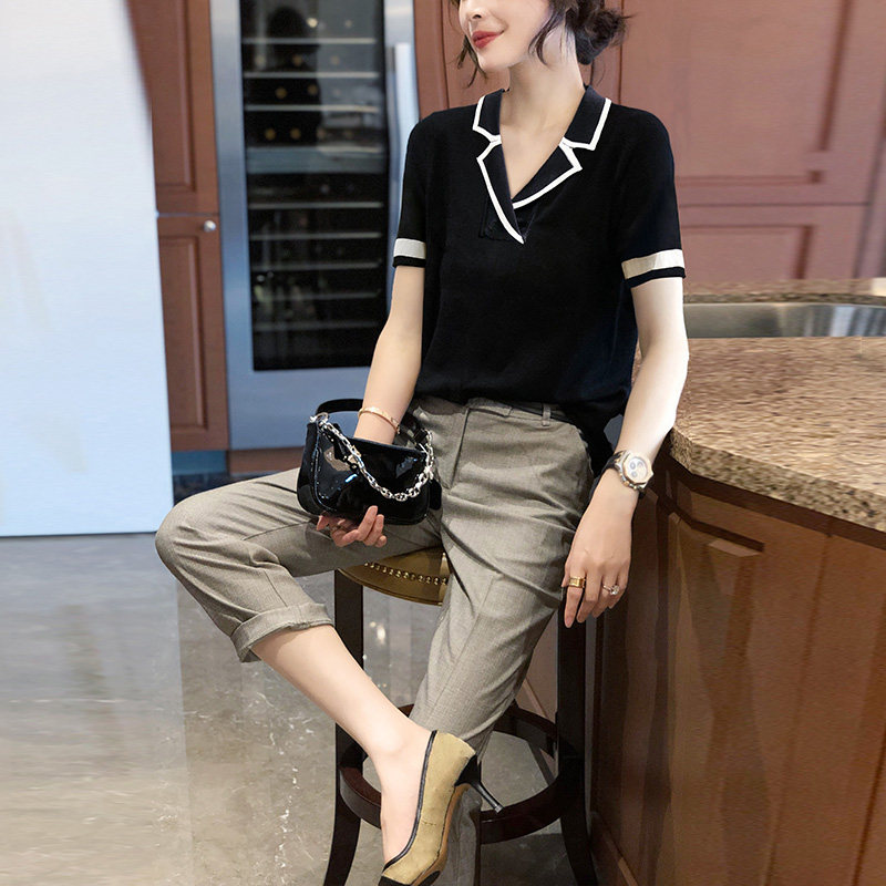 v领黑色短袖小个子宽松显瘦衬衫 崇妍衬衫