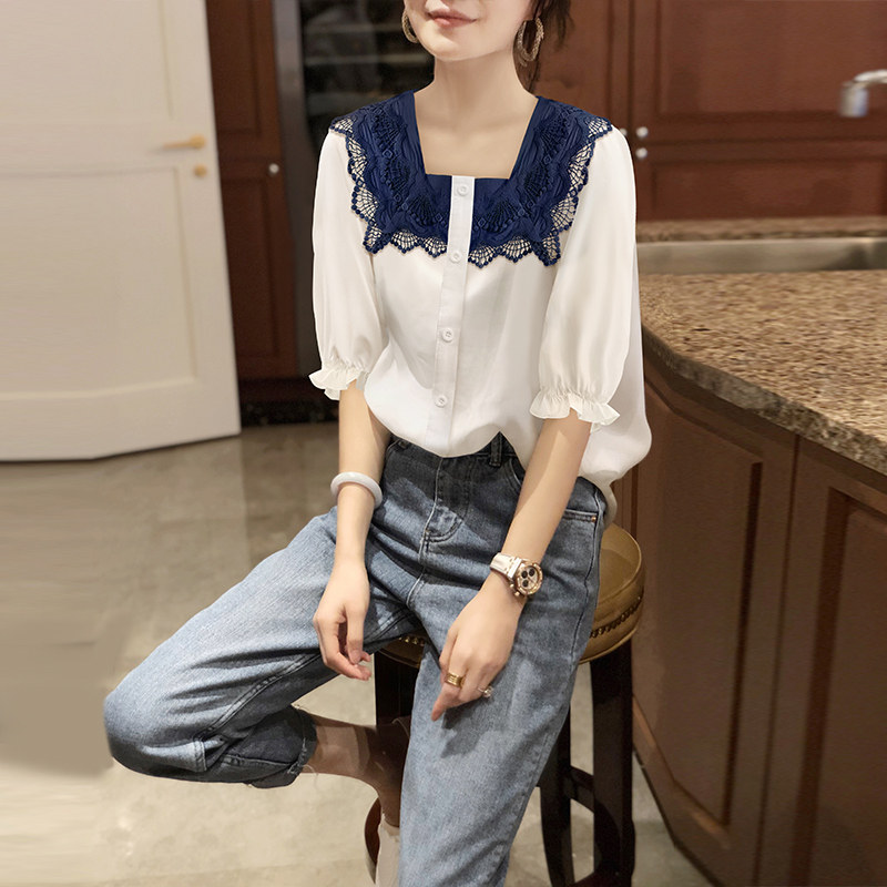 白色泡泡袖洋气高级感薄款蕾丝衬衫 崇妍衬衫