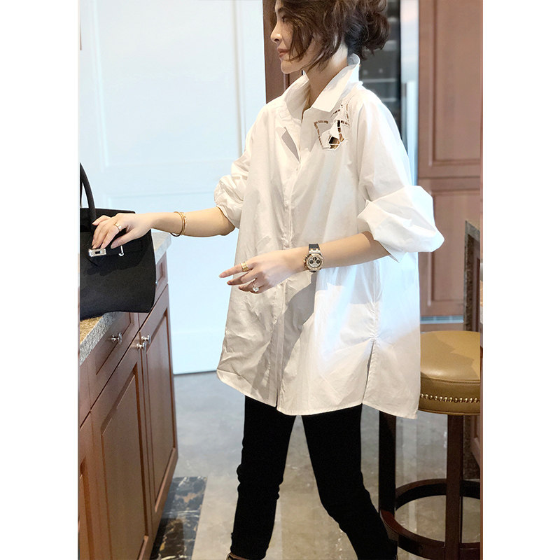 白色女中长款洋气宽松韩版纯棉衬衫 崇妍衬衫
