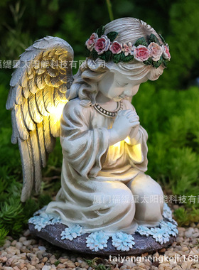 跨境新品树脂祈祷天使太阳能灯户外小女孩装饰花园摆件家居庭院灯