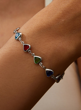 跨境彩色爱心手链女式甜美心形串珠手链糖果色玻璃钻水晶手串手链