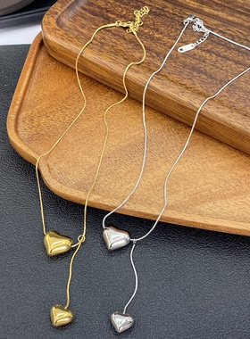 爱心吊坠项链 跨境简约立体桃心小众设计时尚不锈钢心形项链批发