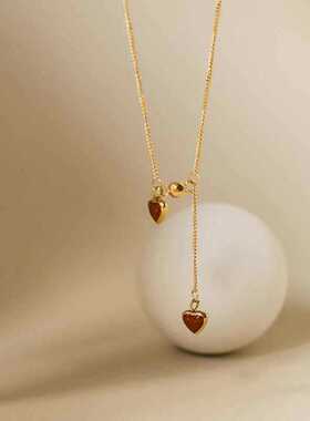 轻奢典雅法式钛钢双爱心流苏项链浪漫唯美气质18k金锁骨链设计感