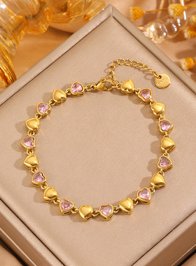 跨境欧美间隔镶钻爱心不锈钢手链女轻奢小众防过敏18k金钛钢手链