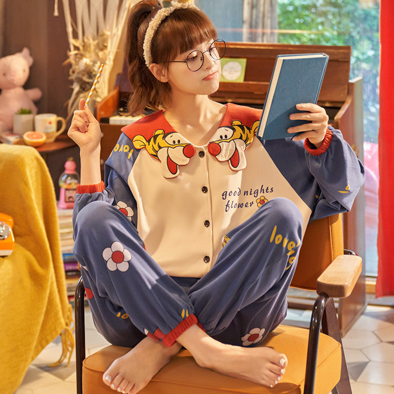 南极人春秋长袖全棉可爱宽松睡衣 南极人匹搏睡衣/家居服套装