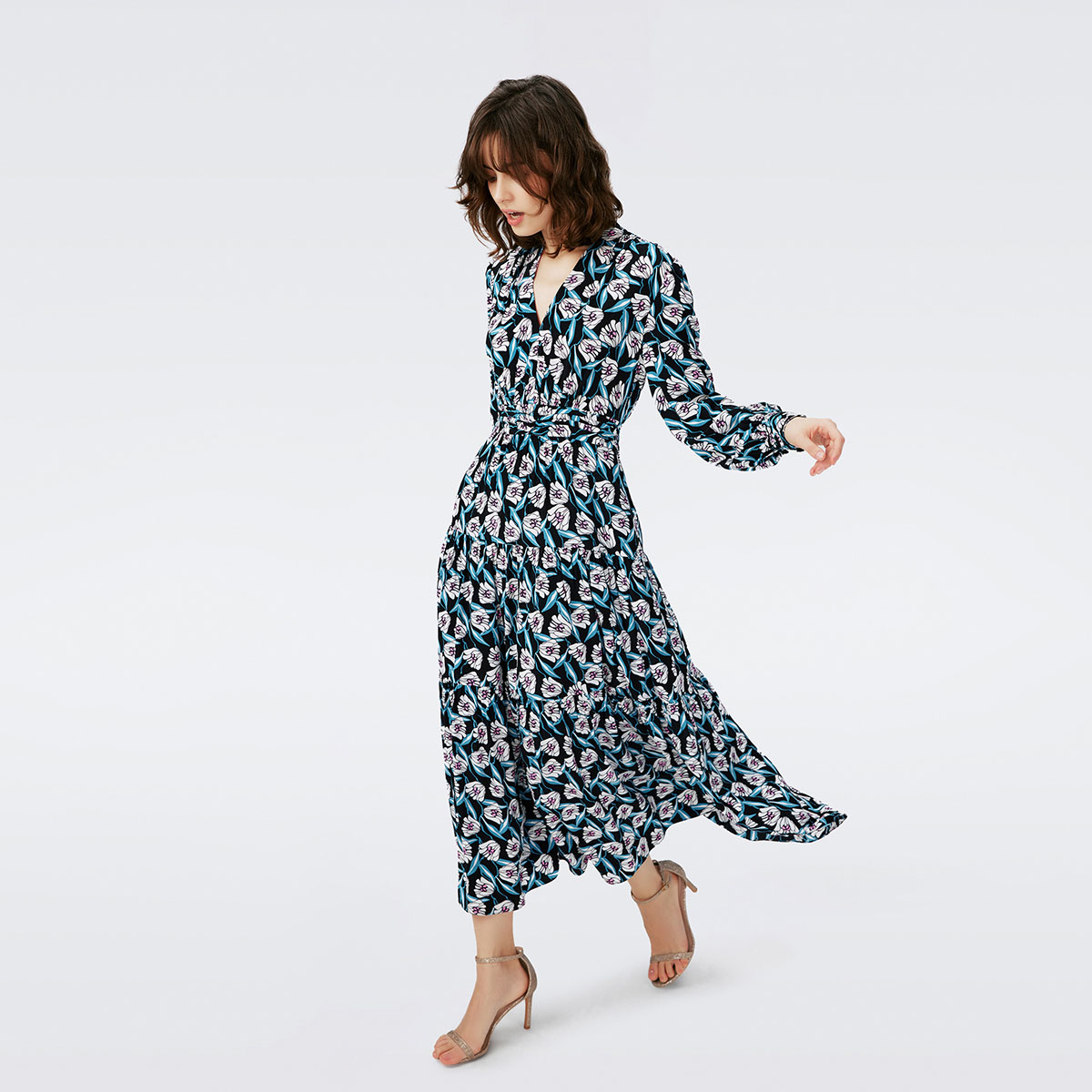 [玫瑰相似款]DVF长袖蓝白印花收腰长裙连衣裙DL4R021 - 图2